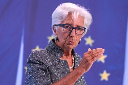 La presidenta del BCE, Christine Lagarde, comparece ante los medios este jueves, en la sede de la entidad en Fráncfort.