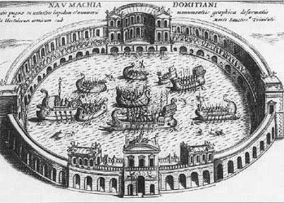 Grabado de G. Lauro que reconstruye una naumaquia clásica o representación de batallas navales ficticias.