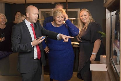 La primera ministra de Noruega, Erna Solberg, al conocer los resultados de las elecciones que le daban la victoria el 11 de septiembre de 2017.