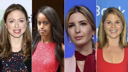 De izquierda a derecha, Chelsea Clinton, Malia Obama, Ivanka Trump, Jenna Bush.