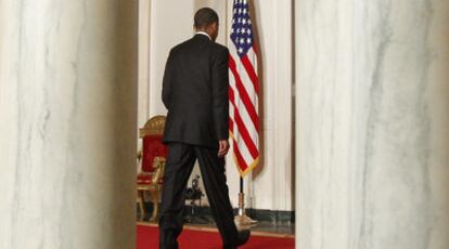 Obama, tras su comparecencia para informar de la reunión con la cúpula de seguridad, el martes.
