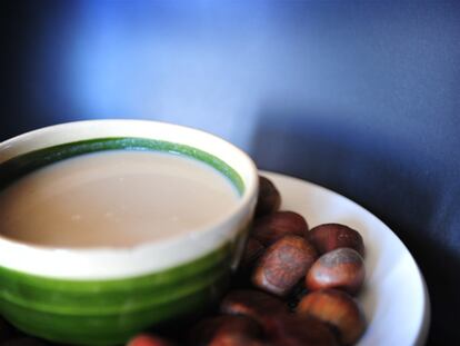 Crema de castañas con jamón y marron glacé