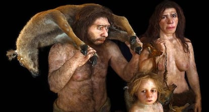 Reconstrucci&oacute;n de una familia neandertal realizada por el estudio Daynes de Par&iacute;s.