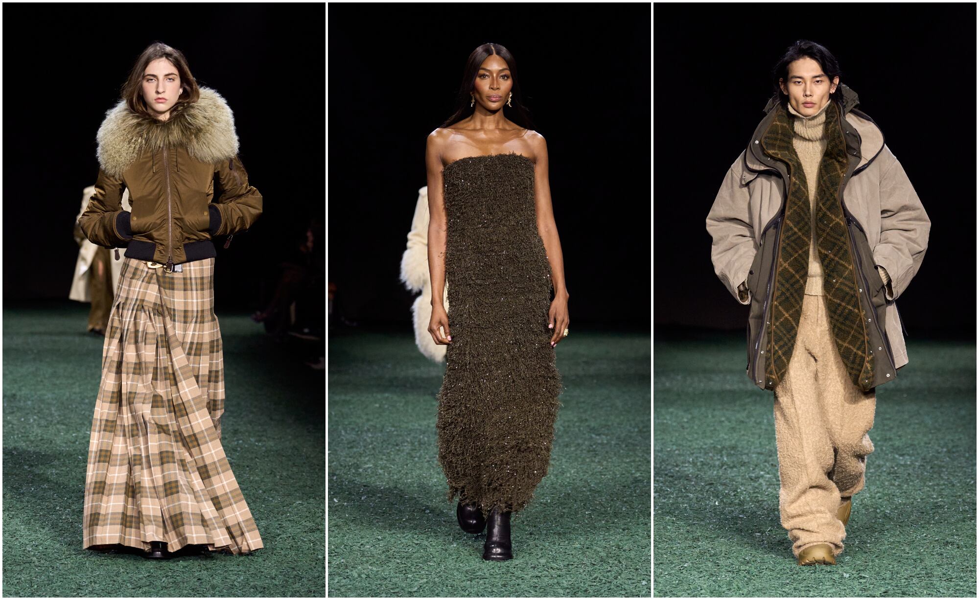 Tres de las propuestas de la colección de Burberry, presentada el 19 de febrero de 2024 en la semana de la moda de Londres. En medio, la modelo Naomi Campbell.