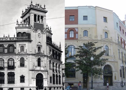 A la izquierda, el Palacio de Correos y Telégrafos de estilo neoplateresco proyectado por Jerónimo Arroyo en 1922. A la derecha, la reforma de los años sesenta en la que se añadió un cuarto piso y se quiso dar sobriedad al edificio.