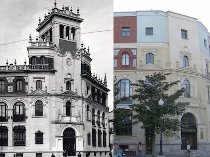 A la izquierda, el Palacio de Correos y Telégrafos de estilo neoplateresco proyectado por Jerónimo Arroyo en 1922. A la derecha, la reforma de los años sesenta en la que se añadió un cuarto piso y se quiso dar sobriedad al edificio.