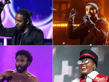 De izquierda a derecha y de arriba abajo: Kendrick Lamar, Drake, Childish Gambino y Janelle Monáe.