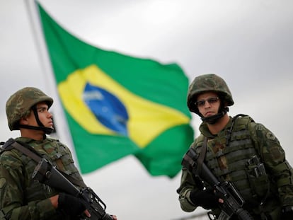 Fuzileiros navais no Parque Olímpico, no Rio de Janeiro, nesta quinta-feira.