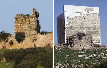 The tower of Matrera Castle, before and after its restoration.