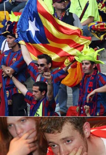 Aficionados del Barça animan en París (arriba) y dos hinchas del Arsenal ven el partido en un <i>pub</i> de Londres.