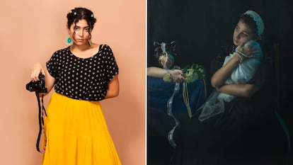 Lucero Ardila, artista y 'tiktoker', junto a uno de sus autorretratos, en una composición fotográfica.
