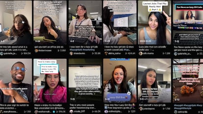 A collage of videos on TikTok with the hashtag #lazygirljobs.