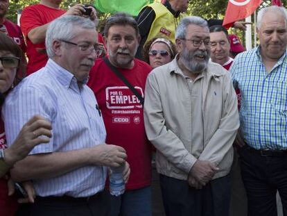 Ignacio Fern&aacute;ndez Toxo, Francisco Fern&aacute;ndez, C&aacute;ndido M&eacute;ndez y Francisco Carbonero en las marchas por el empleo en Sevilla, en 2013.