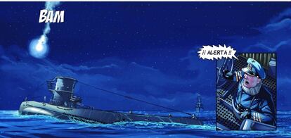 El submarino U-47 atacado por un destructor en una vi&ntilde;eta del &aacute;lbum, dibujado por Gerardo Balsa..
