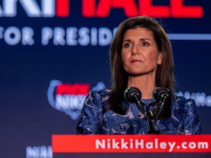 La candidata Nikki Haley, durante su discurso del martes sobre los resultados electorales, en Concord (New Hampshire).