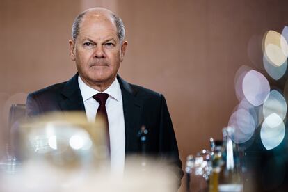 El canciller alemán Olaf Scholz, este miércoles durante la reunión semanal del gabinete, en Berlín.