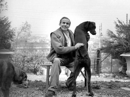 Louis-Ferdinand Céline, retratado en Meudon con sus perros en 1955.