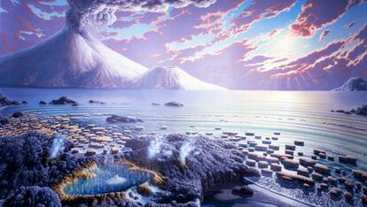 Recreación de la Tierra durante el eón Arcaico, en los albores de la vida, de 4.000 a 2.500 millones de años atrás.