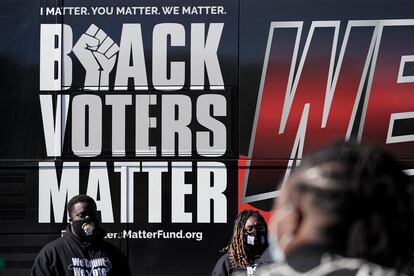 Supporters of Black Voters Matter gather at a polling site at the Graham Civic Center in Graham, N.C., Tuesday, Nov. 3, 2020.