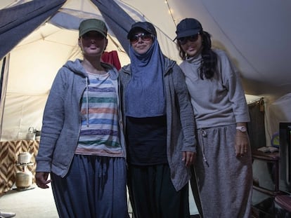 (l-r) Widad from Germany and Nawal and Hafida from the Netherlands talk about their experience in the Al-Roj camp for the families of ISIS militants.