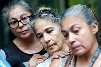 Rudy Farias' aunts, from left, Sylvia Sanchez Lopez, Pauline Sanchez and Michelle Sanchez speak outside Houston Police headquarters after HPD Chief Troy Finner gave an update on the Farias case, Thursday, July 6, 2023 in Houston.