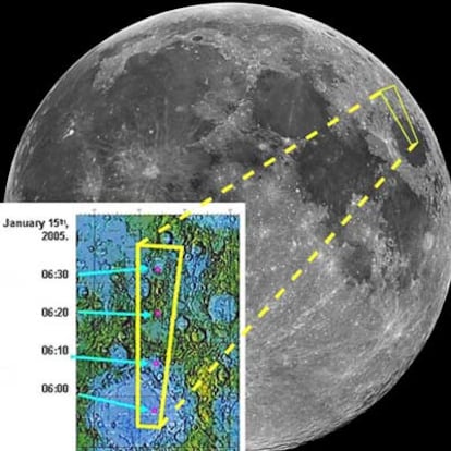 La cmara de rayos X de la nave <i>Smart 1</i> ha localizado calcio en la Luna, en la zona marcada (Mare Crisium y regin ms al Norte) sobre la foto de la superficie. La observacin se hizo el 15 de enero a las horas indicadas.