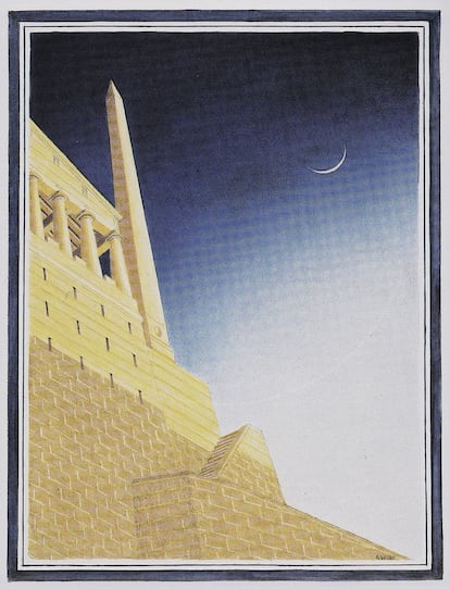 La acrópolis de Atlantis en una acuarela de Rita Wolf.