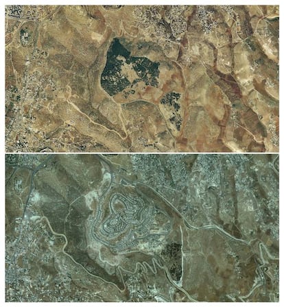 Arriba, asentamiento de Har Homa en 1997. Abajo, en 2012.