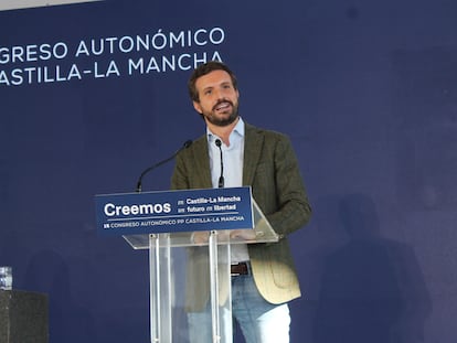 Pablo Casado, en la clausura del congreso del PP de Castilla- La Mancha, este domingo en Puertollano, Ciudad Real.