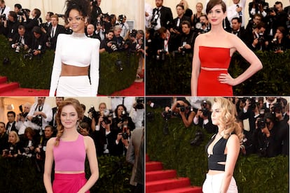 Crop top en la alfombra roja
	

	Rihanna, Anne Hathaway, Emma Stone o Cara Delevingne fueron algunas de las que apostaron por enseñar ombligo.