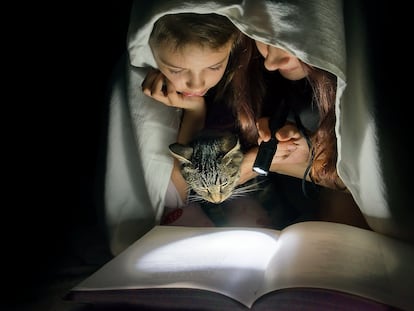Una madre y su hija leen en la cama con una linterna.