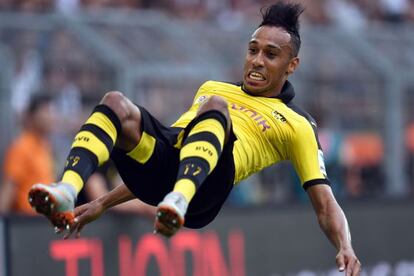 Aubameyang celebra uno de los goles del Borussia Dortmund 