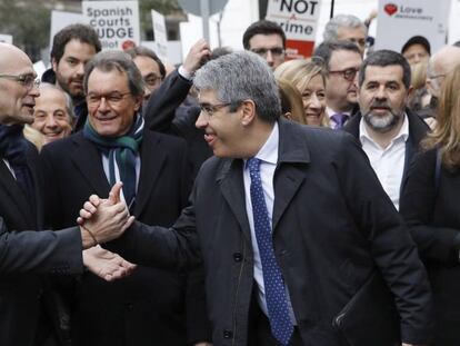 Francesc Homs, Ra&uacute;l Romeva y Artur Mas este febrero en el Tribunal Supremo.