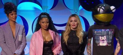 Las cantantes Rihanna, Nicki Minaj y Madona, en la presentaci&oacute;n de Tidal