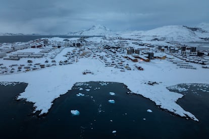 A drone view shows a general view of Nuuk, Greenland, March 14, 2025. 