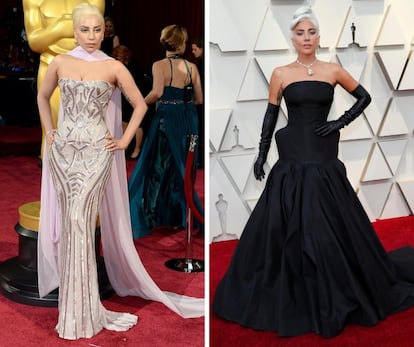 La cantante y actriz Lady Gaga, en los premios Oscar de 2013 y en los de 2019.