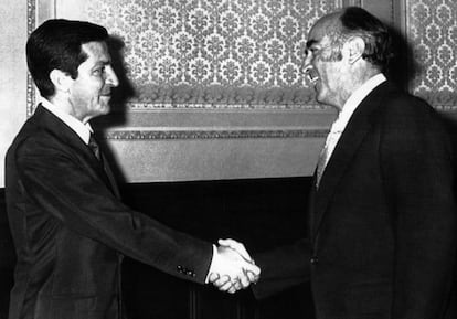 Adolfo Su&aacute;rez y Jos&eacute; L&oacute;pez Portillo, en Ciudad de M&eacute;xico, el 28 de marzo de 1977.