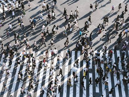 Peatones caminando por el cruce el de Shibuya, el más transitado del mundo.