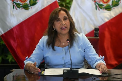 In this file photo taken on February 10, 2023, Peru's President Dina Boluarte speaks during a press conference at the Presidential Palace in Lima.