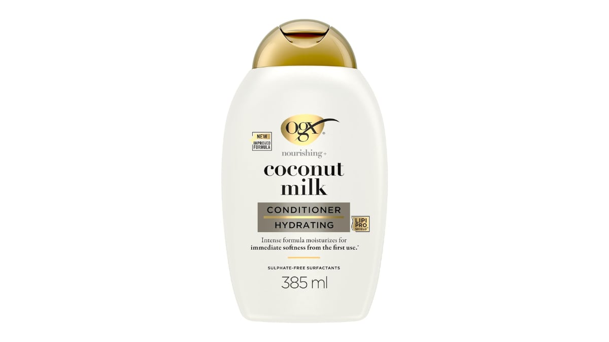 Acondicionador hidratante con leche y aceite de coco y proteína de leche hidrolizada.