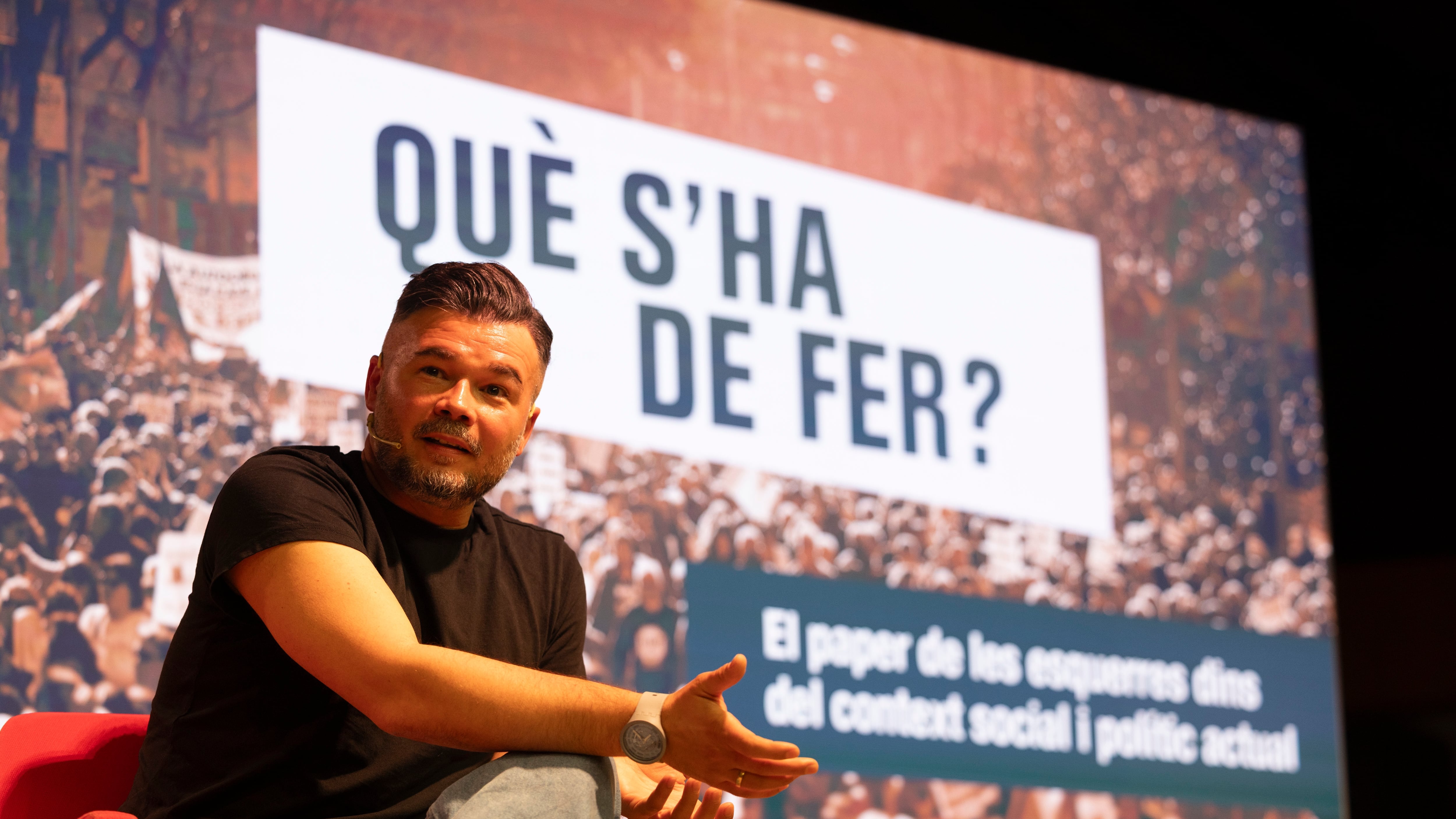 Gabriel Rufián, el pasado jueves, durante el debate sobre el futuro de las izquierdas con Irene Montero y Xavi Domenech en la UPF.