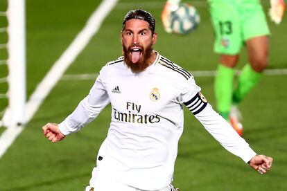 Sergio Ramos celebra su gol contra el Getafe, este jueves en el Alfredo Di Stéfano.