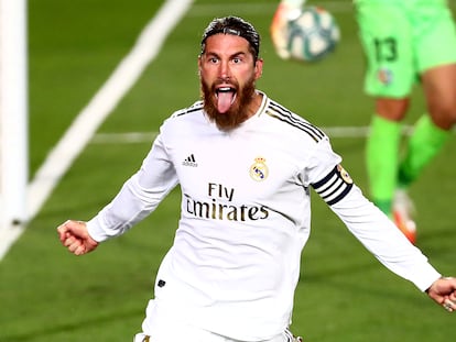 Sergio Ramos celebra su gol contra el Getafe, este jueves en el Alfredo Di Stéfano.