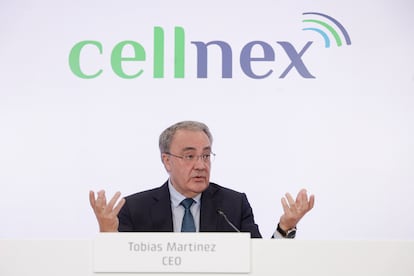 El consejero delegado de Cellnex, Tobías Martínez, durante la presentación de los resultados del operador de infraestructuras de telecomunicaciones en 2022.