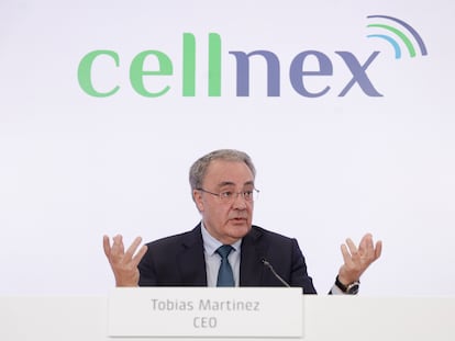 El consejero delegado de Cellnex, Tobías Martínez, durante la presentación de los resultados del operador de infraestructuras de telecomunicaciones en 2022.