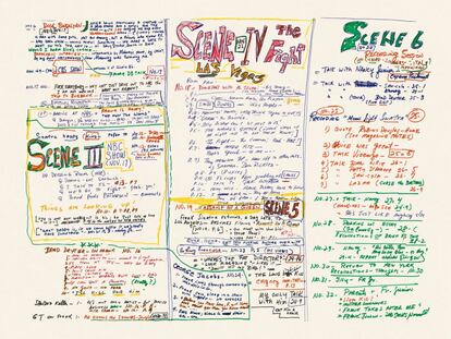 Notaciones manuscritas de Gay Talese durante los días que siguió los pasos de Frank Sinatra. En el documento puede verse la división de escenas que transcurrían a lo largo del texto Frank Sinatra está resfriado.