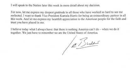Extracto de la carta publicada por Biden este domingo. 