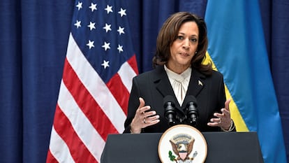La vicepresidenta de EE UU, Kamala Harris, comparece en la conferencia de Seguridad de Munich, en febrero pasado.