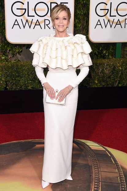 Jane Fonda, nominada a Mejor actriz de reparto por La Juventud, se convirtió en carne de meme en las redes sociales con un vestido que recordaba inevitablemente a un cupcake.
