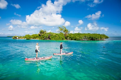 Paddlesur en las aguas caribeñas de cayo Caulker (Belize).